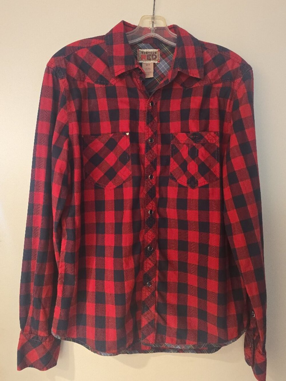 Vintage Red Men's M Buffalo Plaid Western Snap Shirt Red Black Flannel Style